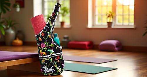 INDIAN CRAFT CASTLE Yoga Mat Bag | Tote Mat Bag | Sling Yoga Tote w/Large Side Pocket & Zipper Pocket | Yoga Mat Carrier Fits Most Size Mats - color: Black & Green