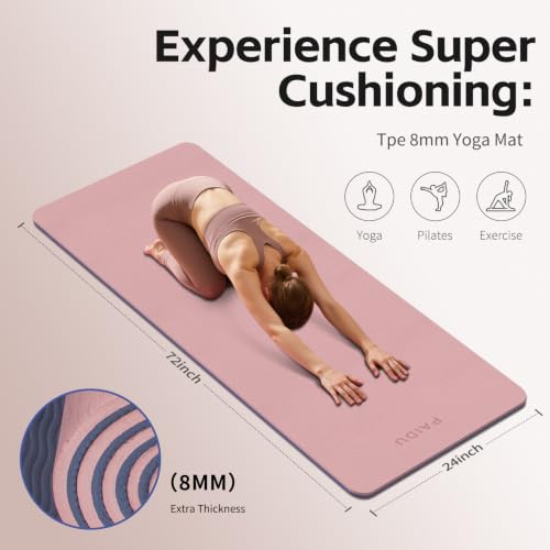 PAIDU Yoga Mat 8mm TPE Non‑Slip Fitness Mat with Strap for Home Workouts - color: 딥 핑크 & 그레이