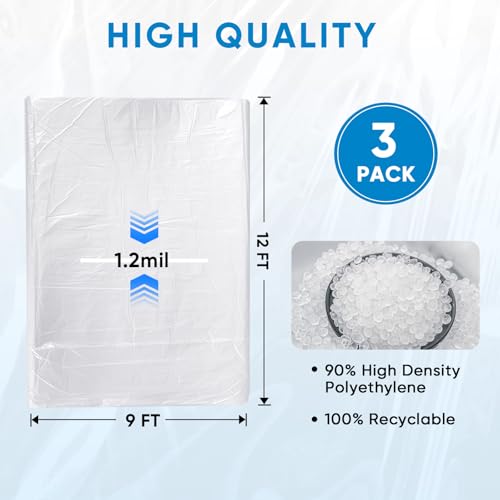 TICONN 12 x 9 Ft Plastic Drop Cloth for Painting, Waterproof Painters Plastic Sheeting, Painting Tarp for Furniture Cover, Floor Protection (3PK, 1.2Mil) - size: 1.2 Mil