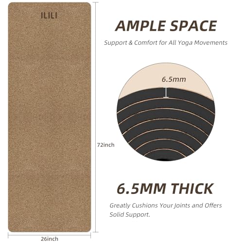 ILILI Cork Yoga Mat Eco-Friendly 1/4 Inch Thick | 72"×26" Natural Cork TPE Exercise Mat, 2 lbs Lightweight Non Slip Mat for Hot Yoga and Gym Workout, Carry Strap - color: Cork+Black