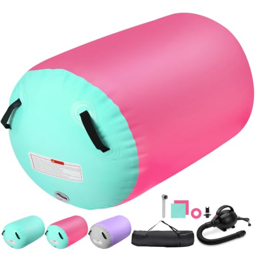 Gymnastics Air Roller Barrel 47 * 35inch PinkGreen with Pump - color: Pink, size: 47*35 Inch/120*90cm