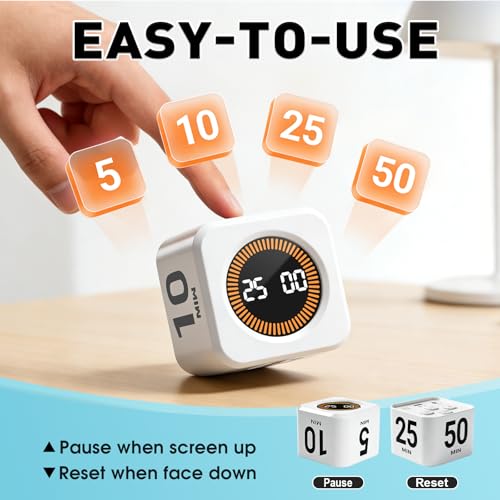 Pomodoro Timer Cube for Productivity — 5/25/10/50 Minutes Preset, Digital Gravity Sensor Desk Visual Timer for ADHD, Silent Mode, Ideal for Office, Study, Kitchen & Kids (White) - color: White
