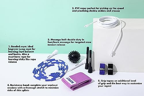 Jump Rope Kit for Beginners – 2-in-1 Segmented & Speed Rope with Resistance Band, Massage Ball & Grip Tape – Adjustable Skipping Rope Set for Women, Men & Kids - color: Purple/White