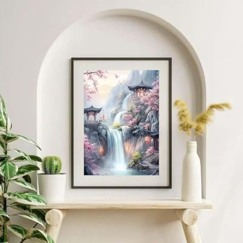OJTOYART Waterfall Scenery Diamond Art Kits for Adults, Peach Tree Pavilion 5DDiamond Painting for Adults,Scenery DIY Full Drill Gem Painting forRelaxation and Home Wall Decor 12 x 16 inch - color: YP067