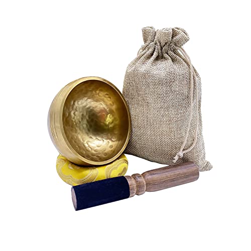 Tibetan Singing Bowls Set, Singing Bowls, Meditation Sound Bowl Handcrafted in Nepal, For Yoga, Meditation, Mindfulness, Healing & Chakra balancing - color: 3.15 inch Gold