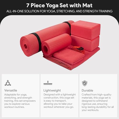 BalanceFrom 7-Piece Yoga Set with 71x24x0.5 Inches Extra Thick Mat and Carrying Sling – Includes 2 Blocks, Stretch Strap, 2 Towels, and Knee Pad for Home, Studio, and Gym Workouts - color: Red