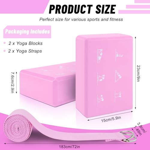 RETON 2 Pack Yoga Blocks and 2 Yoga Straps Set, Soft Non-Slip Yoga Block for Pilates, High Density EVA Foam Yoga Brick with Yoga Strap for General Fitness, Stretching, Improve Strength and Flexibility - color: Pink