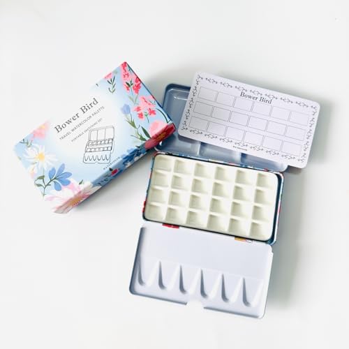 Bower Bird Travel Watercolor Palette,Portable Ceramic Palette 16 Well,Empty Paint Palette,Small Travel Metal Paint Boxwith Porcelain Palette (24Well) - size: 24 Wells