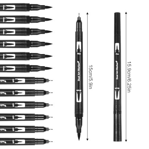 Qianyu 12 Pack Drawing Pens Black Felt Tip Markers Dual Brush Fineliners Pens Fine Calligraphy Brush Pens For Beginners Art Sketching Writing Hand Lettering Scrapbooking Journaling