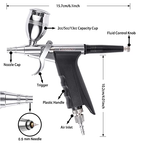 Airbrush Trigger Gun with 0.5 mm Needles 2CC/5CC/13CC Cup | Airbrush Gun Dual-Action Gravity, Multi-Purpose Air Brush Makeup Model Coloring Painting Nail Cake Decor - color: 166AK 0.5mm airbrush kit