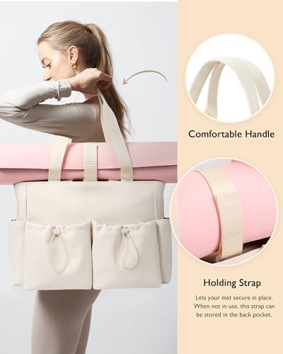 KALIDI Yoga Mat Bag Gym Bag for Women Tote with Pockets, Workout Bag Handbag with Zipper for Travel Sport Pilates Work Commute - color: 1 Beige