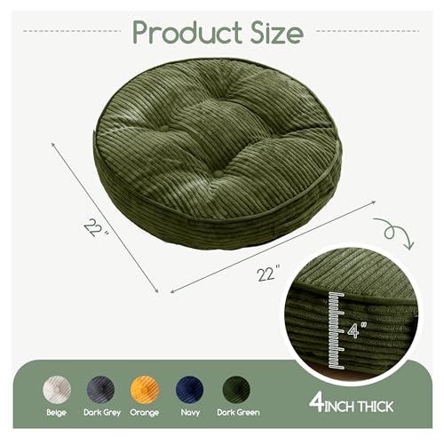 HIGOGOGO 4" Floor Pillow Cushion for Adults, Meditation Cushion Pillow, Large Round Floor Sitting, Tufted Corduroy Cover, for Tatami Living Room or Yoga, 22x22 Inch, Dark Green - color: Round Dark Green, size: 4" Thick(Pack of 1)