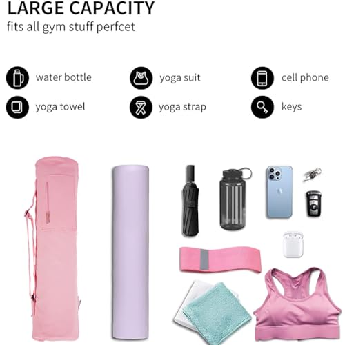 Cotton yoga mat bag with Pockets and Adjustable Strap - Full Zip Cargo Yoga Mat Carrier Bag - Bag for 1/4" 1/3" Thick Yoga Mat - color: Pink, size: L