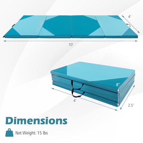 Giantex 4'x10'x 2" Gymnastics Mat, 4-Panel Folding Aerobics Exercise Mat w/Hook & Loop Fastener, Carrying Handle, Portable Tumbling Mat for Stretching Yoga Cheerleading Martial Arts - color: Light Blue/Blue