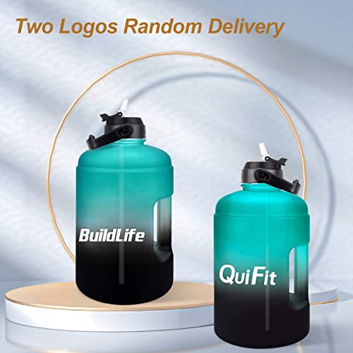 QuiFit 1 Gallon Water Bottle - with Straw & Motivational Time Marker Leak-Proof BPA Free Reusable Gym Sports Outdoor Large(128OZ/73OZ) Capacity Water Jug - color: QFB15 GreenD-Black Gradient, size: 128 Ounces