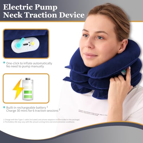 Electric Pump Cervical Neck Traction Device for Neck Pain Relief, One-Click-to-Inflate Neck Stretcher Support Brace for Home Use Neck Decompression (Built-in Battery & Motor Powered) - color: Battery Model (Blue)