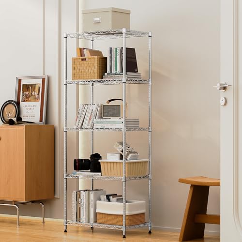 M MZG 1250 lbs 5 Tier Shelf Metal Storage Shelves Wire Rack Closet Organizers with Wheel for Garage Kitchen Bathroom Laundry Chrome 13.7" D x 23.6" W x 62.4" H - color: Chrome, size: 5 tiers, 13.7"D x 23.6"W x 62.4"H