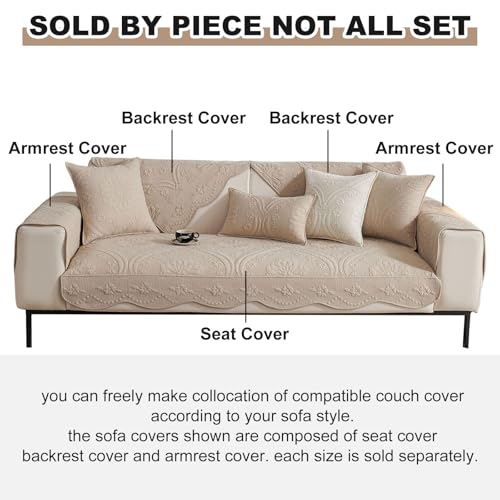 vctops Cotton Quilted Couch Cover Farmhouse Counrty Floral Embroidered Sofa Cover Non Slip Soft Scalloped Sofa Slipcover Washable Furniture Protector for Dog Pet Cat (Khaki,28"x94") - color: Khaki, size: 1pc/28"x94"/Rectangular