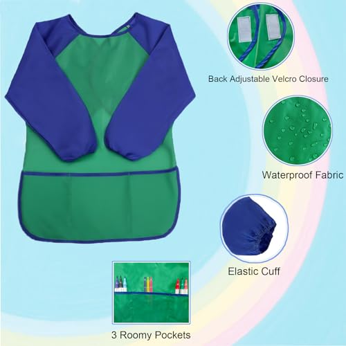 2 Pack Kids Art Smock Waterproof with Long Sleeve and 3 Roomy Pockets Artist Children Aprons for Toddlers Age 3-8 Painting Crafts(Green+ Red) - color: 2 Pack Green+ Red