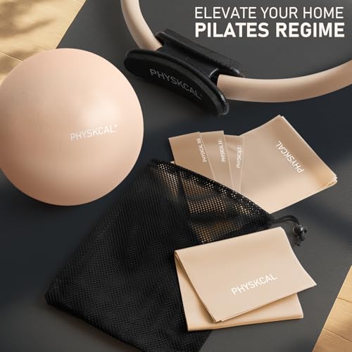 PhysKcal Pilates Kit, 15-Inch Pilates Ring with 1x Pilates Ball & 5X Bands | Aesthetic Home Pilates Equipment Set, Essential Kit for Beginners in Minimalist Style. Comes in Premium Packaging - color: Nude