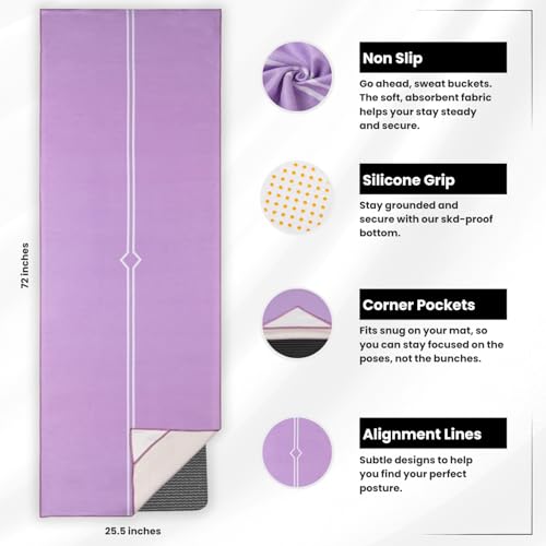 Yoga Drip: Hot Yoga Towel – Non Slip Yoga Mat Towel with Corner Pockets, Silicone Grip Dots & Subtle Alignment Lines | Sweat Absorbent, Moisture Wicking, Quick Dry | No Bunching or Sliding | 72” x 26” - color: Lavender Love