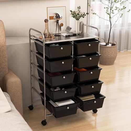 LDAILY 10 Drawer Rolling Cart, Storage Cart Organizer on Wheels, Drawer Cart with Metal Frame & Large Storage Capacity, Rolling Cart with Drawers for Living Room Classroom, Office - color: Black, size: 10 Drawer