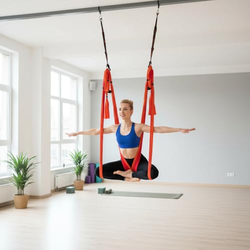 Aerial Trapeze Yoga Hammock Kit - Ultra Strong Antigravity Yoga Flying Sling Inversion Swing Tool Set - color: Mixed Red
