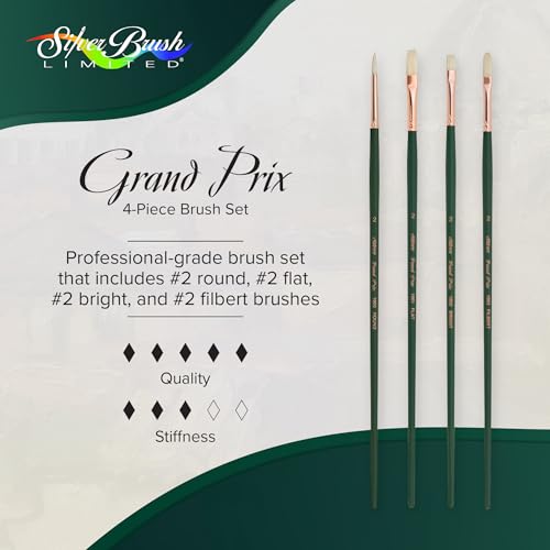 Silver Brush Limited Grand Prix Multi-Shape Oil Paintbrush Set, 4pc | Size 2 Round, Flat, Bright, and Filbert, Long Handle, Stiff Flagged Hog Bristle, Landscape, Botanical and Floral Designs - color: Multi-shape Set