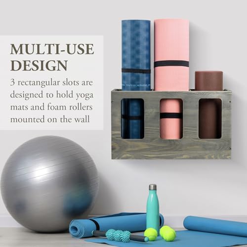 MyGift Wall Mounted Vintage Gray Solid Wood Yoga Mat Holder Fitness Gym Foam Roller Storage Organizer, Floor Standing Sports Exercise Mat Rack