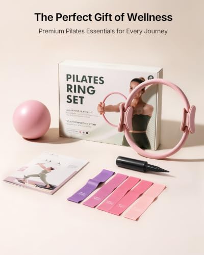 PAETA Pilates Ring Set – 14” Magic Circle (38 lbs Resistance), 9.8” Pilates Ball, 5 Resistance Bands, and Exercise Guide Included for Home Workouts - color: pink