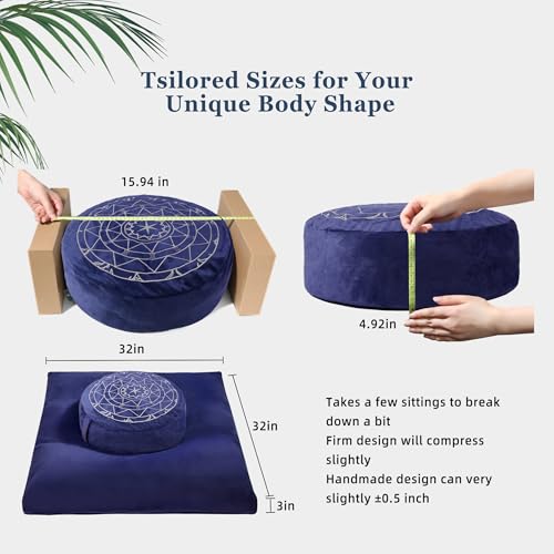 Zafu & Zabuton Meditation Cushion Set - Buckwheat Hull & Memory Foam Pillows, Ergonomic Support for Yoga, Mindfulness - Organic Velvet Cover, Large Size, Durable Comfort (Dark Blue) - color: Dark Blue