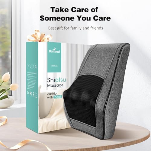 Boriwat Neck and Back Massager with Heat, 3D Kneading Shiatsu Massage Pillow for Neck, Back, Shoulders, Legs, Deep Tissue Relief for Sore Muscles, Home & Car, Great Gift for Women, Men, Mom, Dad