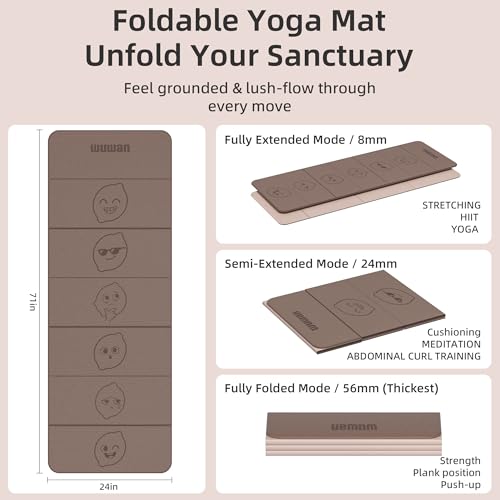 TPE Yoga Mat Foldable 8mm Thick Light Non-Slip for Home/Gym/Travel | 70"X24" Folding Workout Mats,1.1 lbs Lightweight Portable Exercise For Pilates,Studio,Outdoor Working Out Men Women Durable - color: Brown&Beige