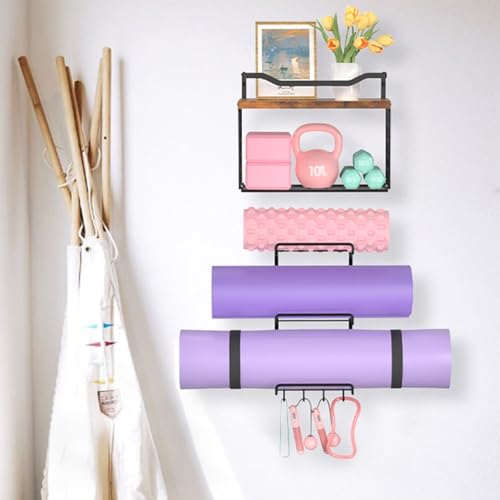 LIDTOP 6-Tiers Yoga Mat Holder Wall Mount with Wood Floating Shelves, Yoga Mat Storage Rack Home Gym Accessories with Hooks for Hanging Stretching Strap & Resistance Bands, Yoga Room/Home Gym Decor - color: Black 6-tier