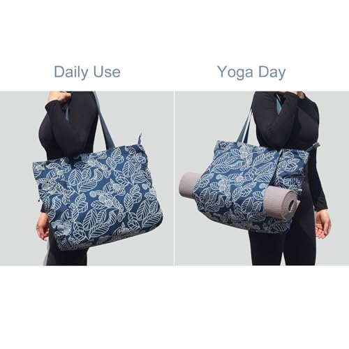 ESVAN Yoga Tote Bag for Women Drawstring Canvas Shoulder Bags for Workout Travel Carryall Pilates Gym and Beach - color: Navy Leaf