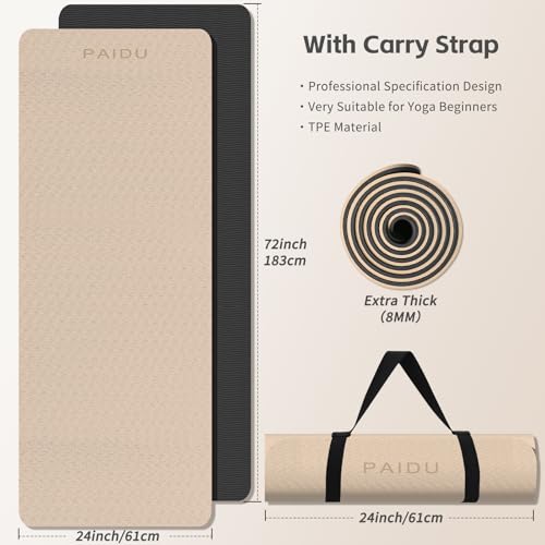 PAIDU Yoga Mat 8mm TPE Non‑Slip Fitness Mat with Strap for Home Workouts - color: 베이지&블랙