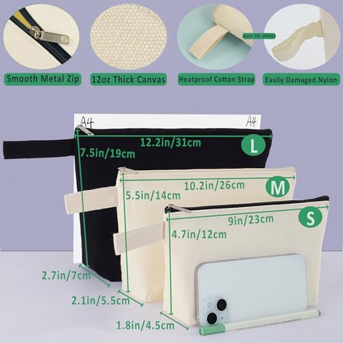 12PCS Bulk Large Canvas Pouch with Bottom, 12Oz Durable Canvas Zipper Pouches for Makeup Toiletries Purse Tool Bags, Blank Black for Artwork Embroider Ironning Paint (L, 12.2x7.4x 2.7'') - color: Black Black, size: L, 12.2x7.4x 2.7''