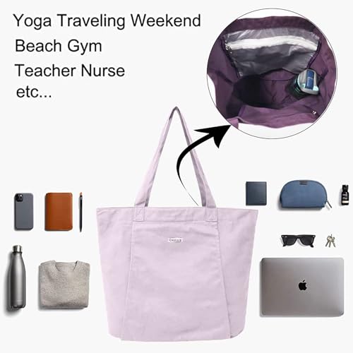 Yoga Mat Bag for Women, Pure Cotton Canvas Yoga Tote with Wet/Dry Pocket, Bottle Holder & Inner Zipper Pocket, Yoga Mat Carrier Bag for Pilates, Gym, Travel, Beach - color: Lilac