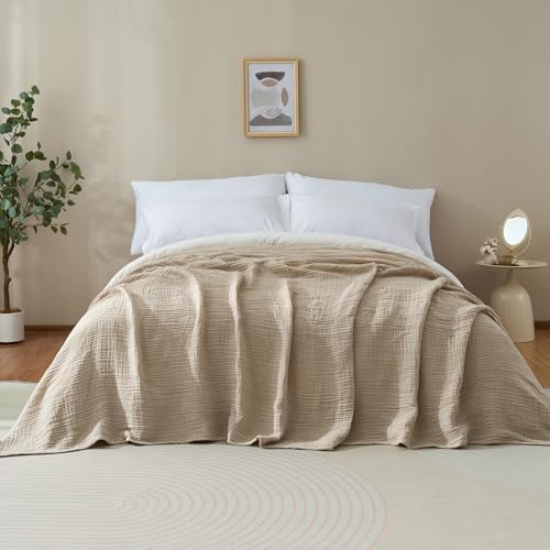 100% Cotton Muslin Blanket for Adult 108x90 4-Layer Gauze Throw - color: Khaki, size: 108x90 inch