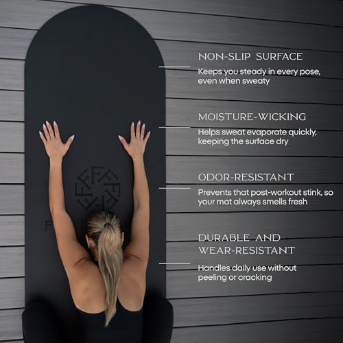 FFLLOOWW Premium Non Slip PU Yoga Mat 72.8” x 26.8” 4.5mm – Eco Friendly Natural Rubber Exercise Mat for Hot Yoga, Pilates & Home Workout with Carry Strap - color: Black