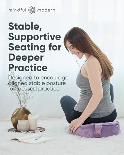 Mindful Modern Velvet Meditation Cushion | Luxe Zafu Yoga Floor Pillow Seat | Posture Support | Buckwheat Hull Filled | Large Round Cushion with Removable Washable Cover + Carry Handle - color: Dusty Violet