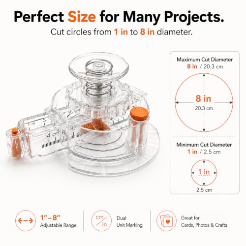 Circle Cutter for Paper & Crafts, Paper Cutter with 1 to 8 in Cut Diameter | With 4 Blades, Upgraded Precision Round Trimmer for Laminated Sheets, Photos