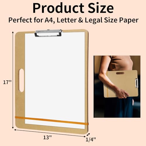 13" x 17" Art Drawing Board with Clip, Watercolor Painting Sketch Pad | Portable Lightweight Wooden Large Clipboard, with Handle Rubber Band, for Artist Sturdy Art Easel for Studio, Indoor Outdoor
