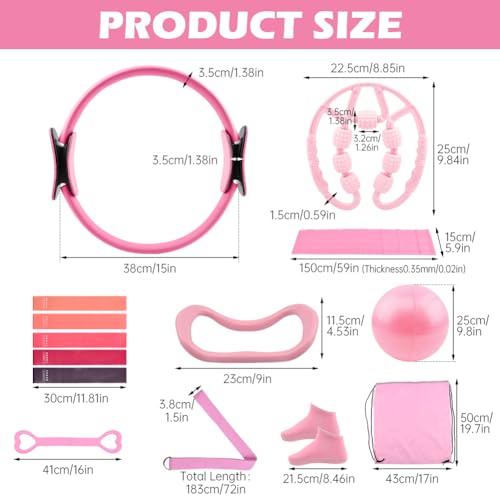 At Home Pilates Kit for Women, Home Workout Pilates Equipment Set with Pilates Ring, Ball, Resistance Band, Resistance Bands, Yoga Strap, Bag, Pilates Essentials Kit for Starter, Beginners - color: Pink