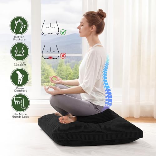 Meditation Cushion, 32x32inch Meditation Floor Pillow for Adults | Extra Large Floor Cushion, Zafu & Zabuton with Removable Corduroy Cover, Soft Support for Yoga, Sitting, Reading, Black - color: Black