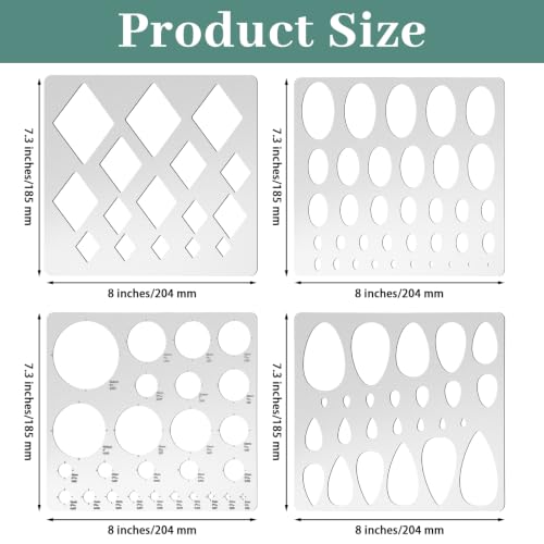 4 Pcs Metal Geometric Stencils Set Templates for Drafting Round Stencil Jewelry Making Art Oval Tool Metric Ruler for Office and DIY Bracelets Earrings (Diamond,Circle,Ellipse,Teardrop) - style: Diamond,Circle,Ellipse,Teardrop