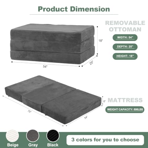 6 Inch Tri Fold Memory Foam Mattress Full Size, Foldable Futon Mattress Topper with Removable Washable Cover, Portable Floor Sofa Bed Guest Mat with Carry Handles & Non-Slip Bottom for Camping - color: Grey, size: Full