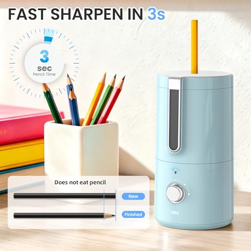 deli Electric Pencil Sharpener, Fully Automatic Pencil Sharpener | for 6.9-8mm Pencils, 5 Sharpness Modes, Rechargeable Hands-Free Sharpener for Classroom Home Office,Blue - color: Blue