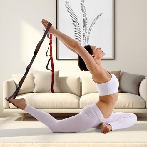 10 Loop Yoga Stretching Strap for Physical Therapy - Non-Elastic Exercise Band for Pilates, Yoga, Stretching for Women & Men - color: Red+Black