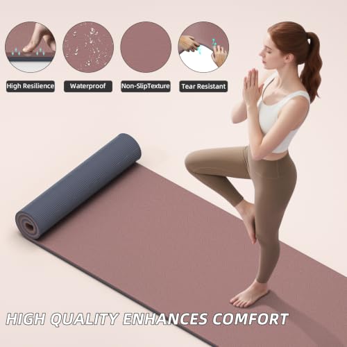 ILILI 10mm Extra Thick, TPE Yoga Mat, 76×28 Inch Extra Long, Carrying Strap | Double‑Color, Non‑Slip, Eco‑Friendly, Cushioned for Yoga, Pilates, Floor Exercise, Home Fitness, Outdoor Travel - color: Dark Pink+Dark Grey
